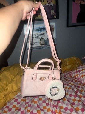 Juicy Couture Pink Heart Accent Small Satchel Handbag and Heart Coin Purse